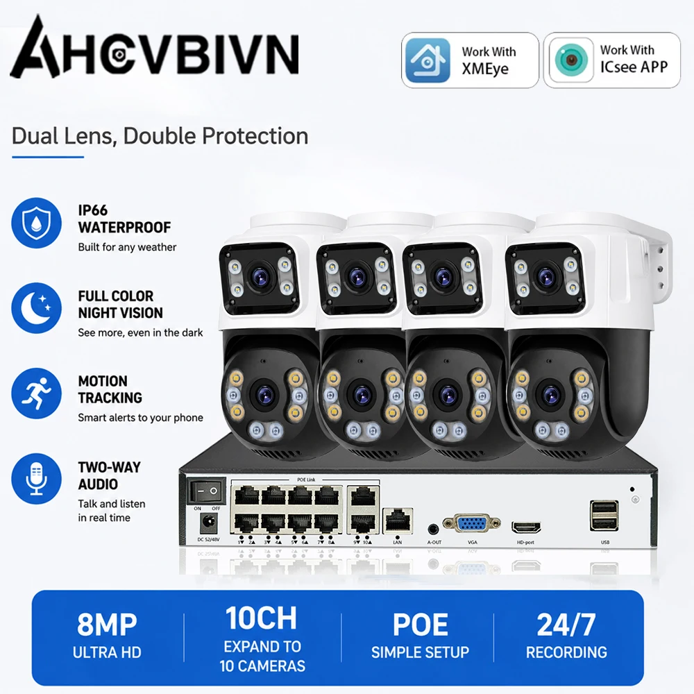 Dual Lens Screen 8MP POE PTZ IP Camera Outdoor Home Security System With Two-Way Audio 10CH 4K POE NVR Kit ICsee XMeye
