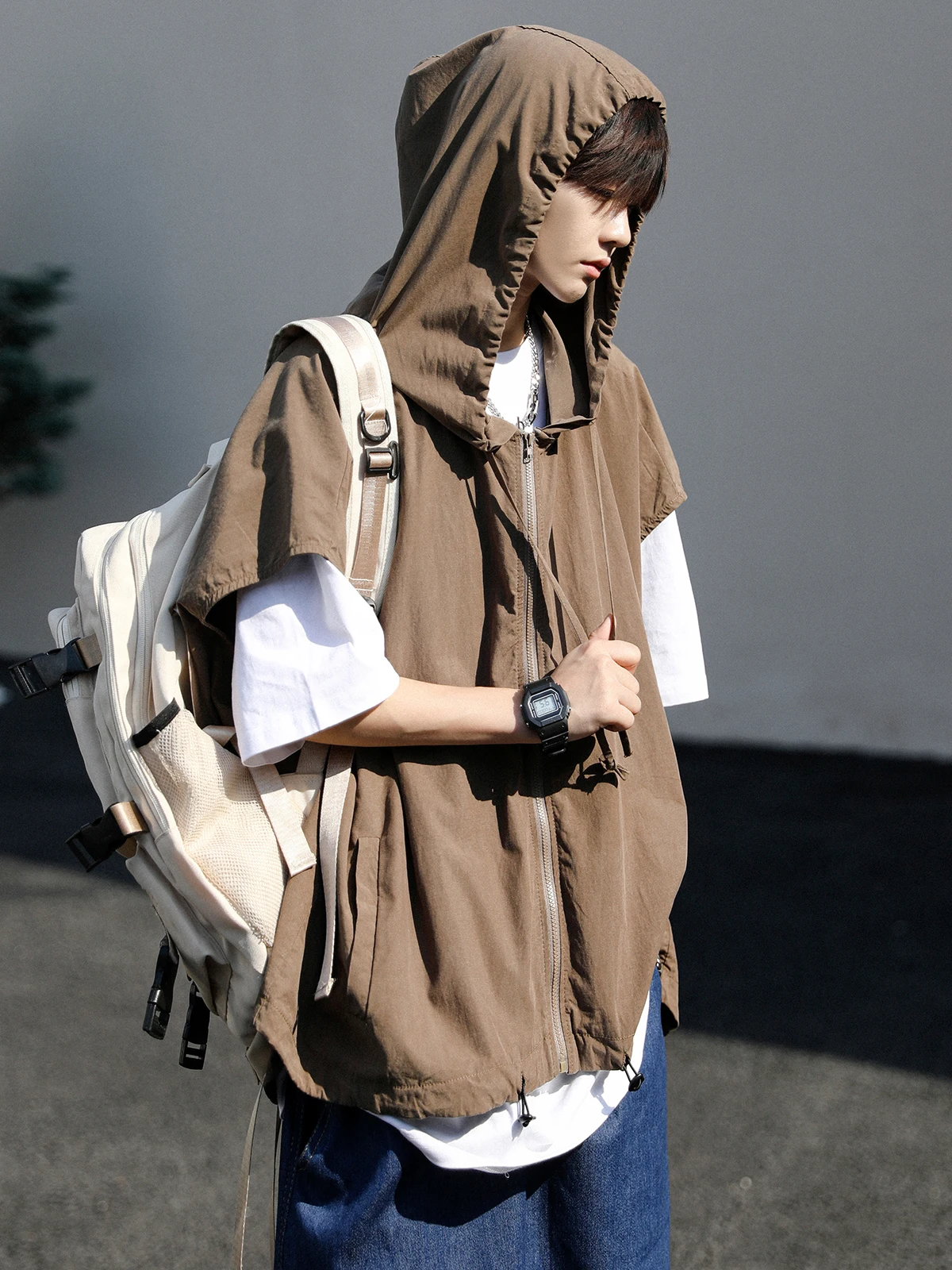 

Summer Thin Hooded Color Men's Vest Casual Unique Design Hong Kong Sle Japanese Trendy Brand Student Svel Vest