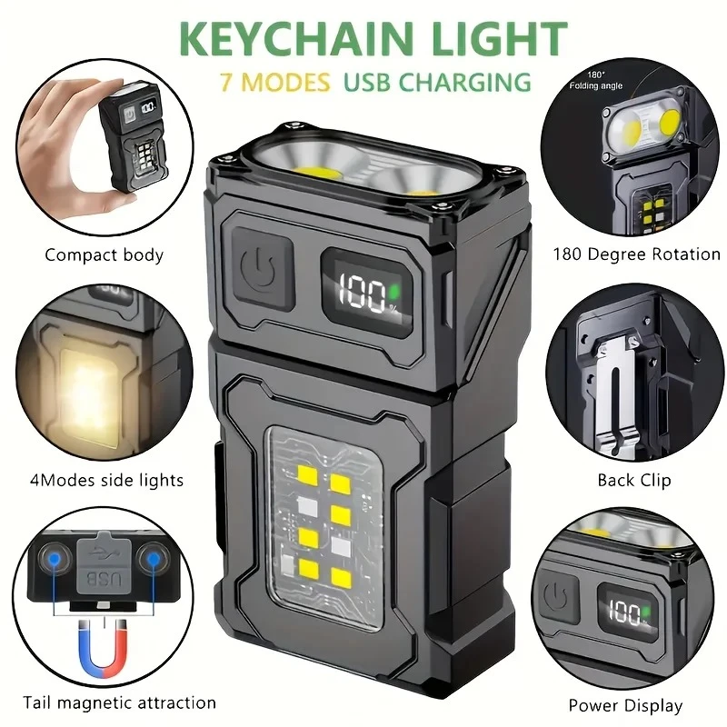 1200MAH Pocket Flashlight 7 Lighting Modes IP45 Waterproof Portable Rechargeable Magnetic Torch Outdoor Camping Hiking Lantern