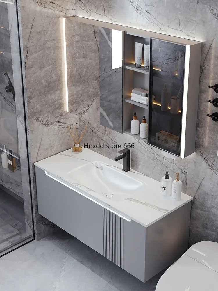 Rock slab hot bending integrated basin bathroom cabinet combination intelligent hand washing sink