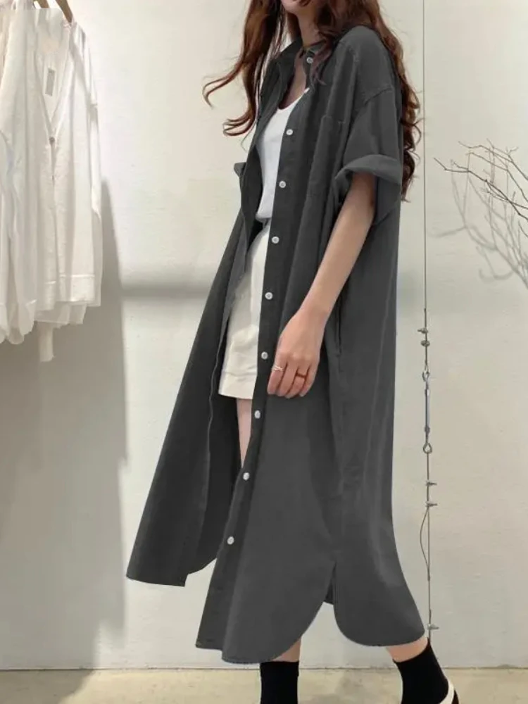2024 Autumn Fashion Collection New Women\'s Cowboy Long Dress Loose Single Breasted Flip Collar Casual Medium Long Shirt Dress