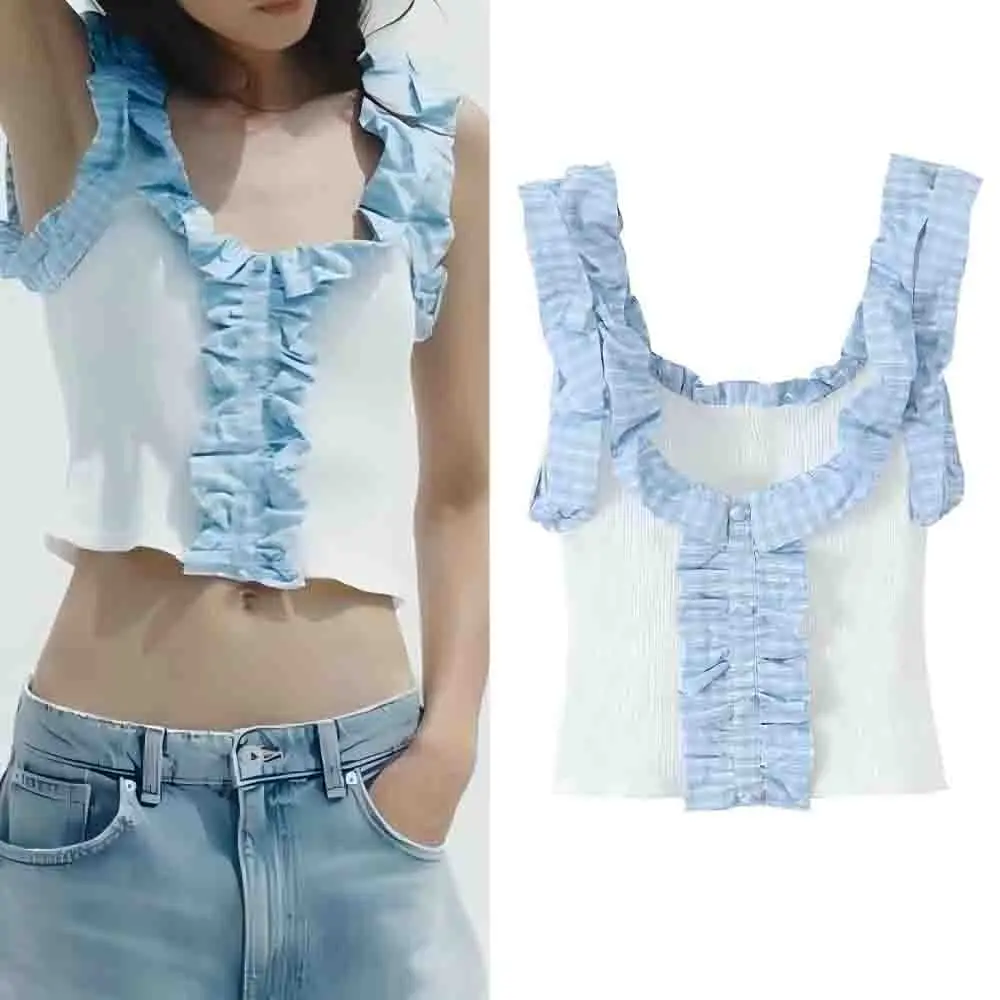 

Women's new fashion plaid ruffle edge decoration short stretch slim top retro sleeveless buckle women's vest chic top