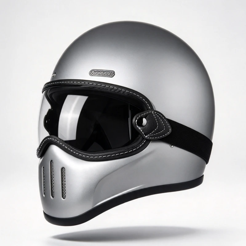 Premium Vintage Metal Grey Fiberglass Full Face Motorcycle Helmet With Goggles Light High-Strength Shell Noise Isolation Design