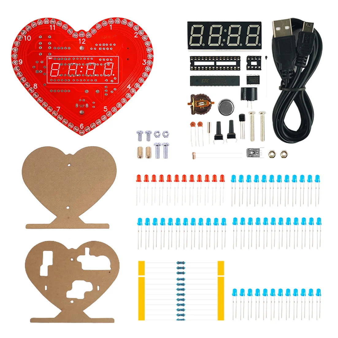 Heart Shaped 4-Digit DIY Clock Kits with LED Lights Date/Time/Temperature/Week Alarm Clock Soldering Suite for Christmas Gifts