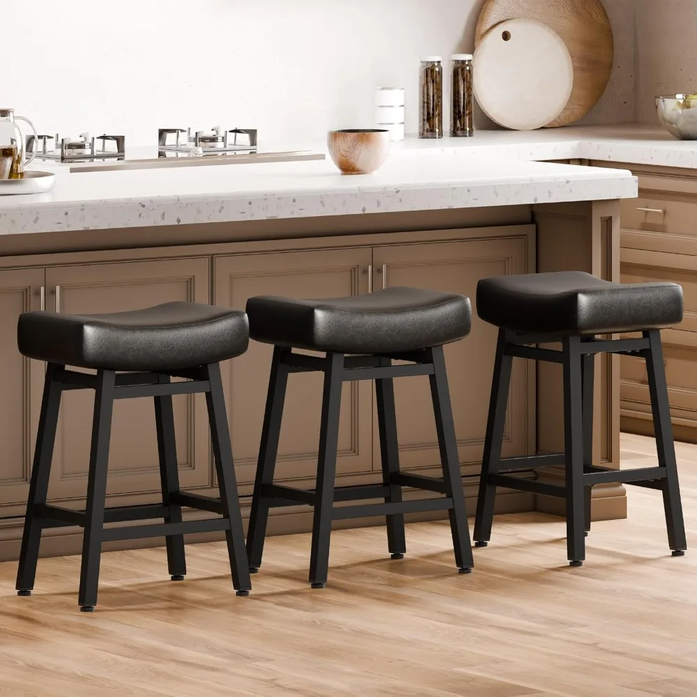 

Counter Height Bar Stools Set of 3, 24 Inch Backless BarStools for Kitchen Island Leather Saddle Bar Chairs Kitchen Stools with