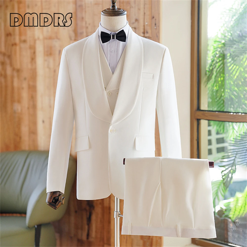 

Milky White Wedding Suit for Men 2 Pieces Formal Suits Set One Button Shawl Neck Blazer Vest Pants Groom Tuxedo Plus Size