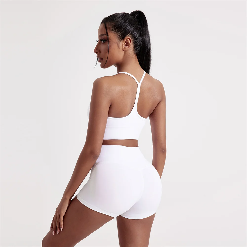Einfarbig Weiche Frauen Gym Yoga Kurze Set Sexy Kreuz Zurück Y Glanz Sport-Bh + Hohe Taille Sport kurze Leggings 2pc Enge Sportlich