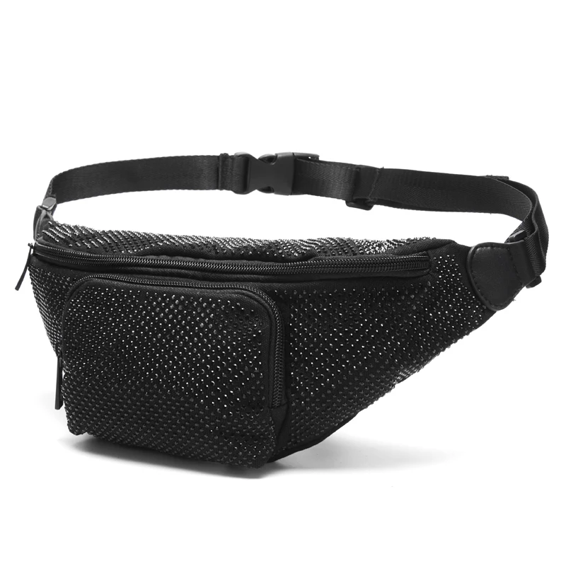 Annmouler New Design Women Waist Bag Large Capacity Fanny Pack Black Rhinestone Chest Bag Luxury Phone Pouch