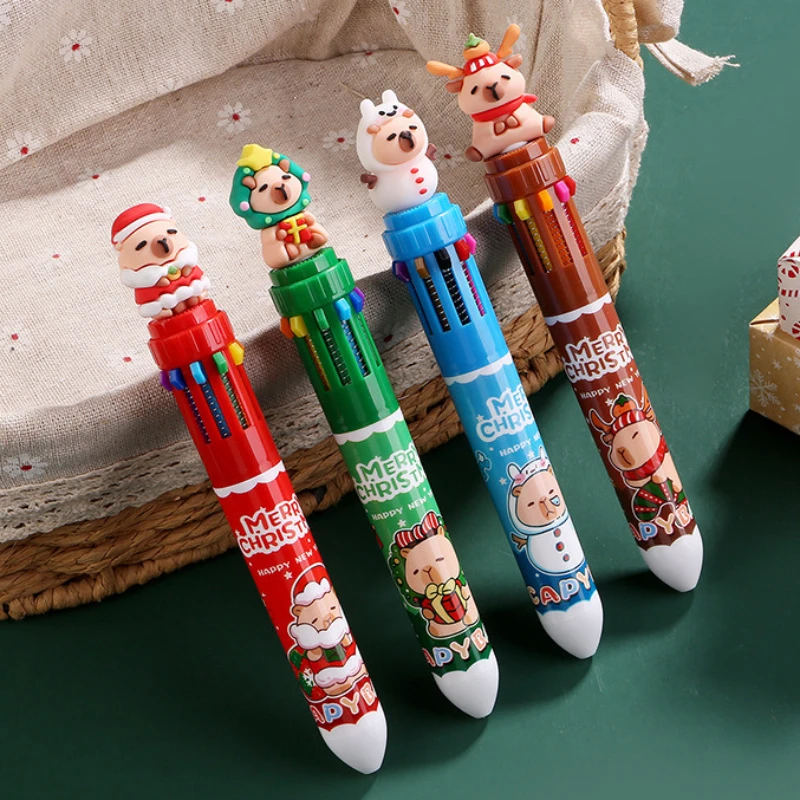 

New Christmas Capybara 10 Color Ballpoint Pen Cute Cartoon Santa Claus Elk Snowmen Tree Christmas Pen School Office Stationery
