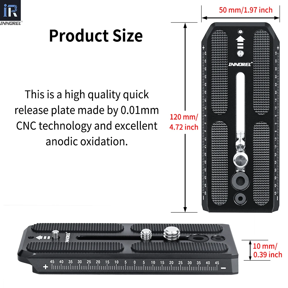 INNOREL QV120 Płytka szybkiego montażu kompatybilna z głowicą wideo Manfrotto serii 501PL, szerokość 50 mm, ze śrubami 1/4\" i 3/8\" — zdjęcie produktu 3