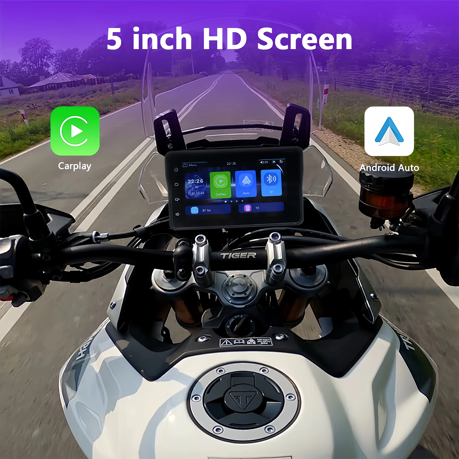 5Inch Waterproof Motorcycle Navigator 600Nit Screen with Dual 1080P Cameras Support Wireless Carplay Android Auto Dvr for Rider