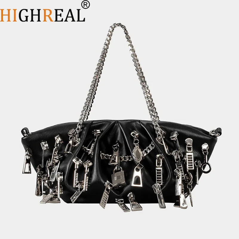 

Punk Style Ruched Dumpling Armpit Bag Multi Zipper Head Decoration Women's Shoulder Bags Spicy Girl Handbags