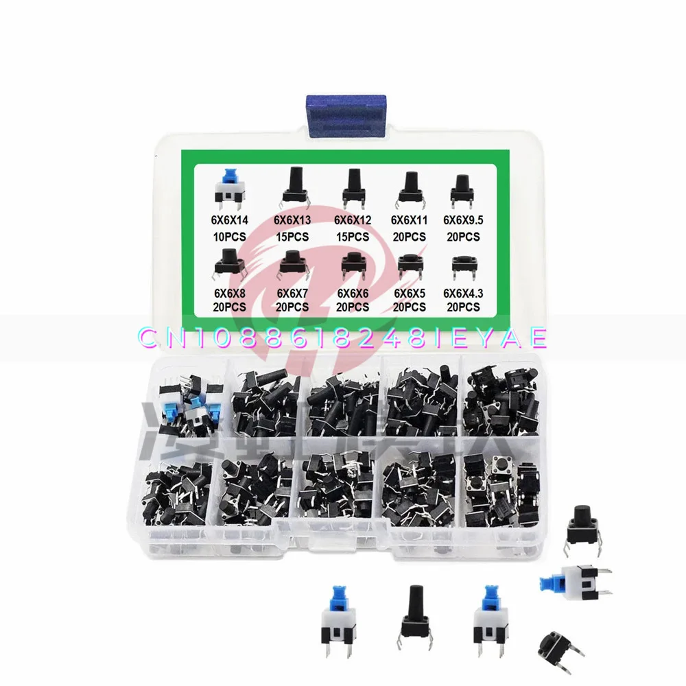 

180Pcs Tact Switch Kit Kit, Key Switch Kit 180 6x6x4.3-14 Button Four-Pin Switches