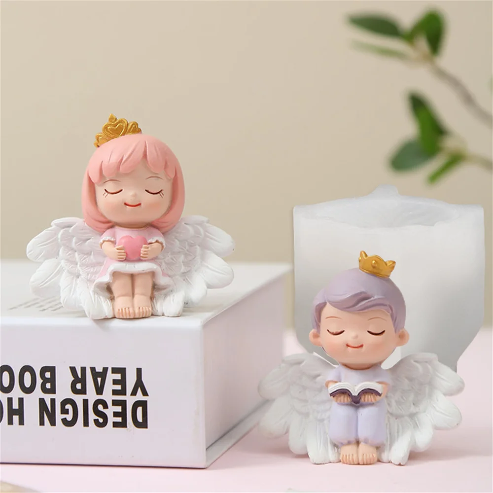 Molde de vela de Ángel 3D para niño y niña, molde de vela perfumada con forma de Ángel de lectura artesanal, alas de Ángel de amor, yeso de resina hecho a mano, decoración del hogar