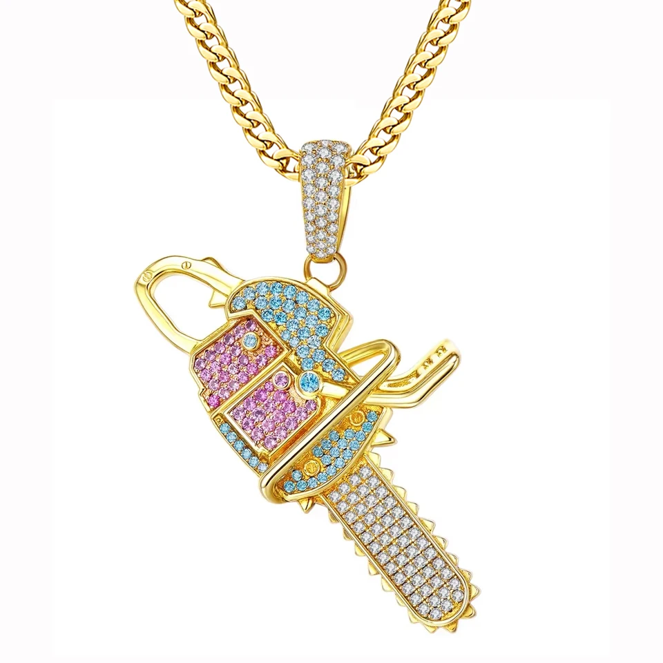 VANAXIN Iced Out Chainsaw Pattern Pendant for Men Cubic Zirconia 14k Gold Plated  Accessories  Jewelry