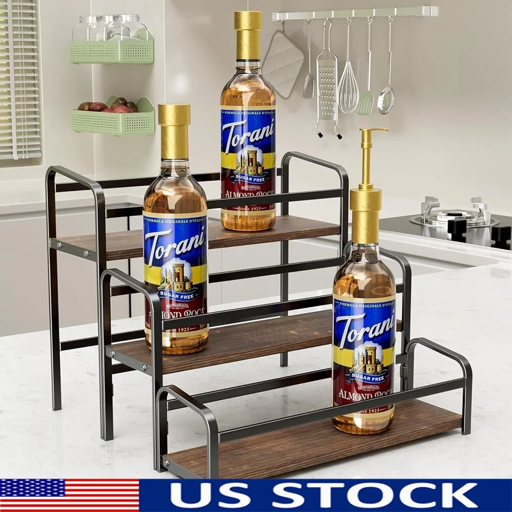 

3-Tier Coffee Syrup Rack Organizer Large Capacity 12 Bottles Stand Wood Shelf Metal Frame Kitchen Bar Cafe Counter Storage