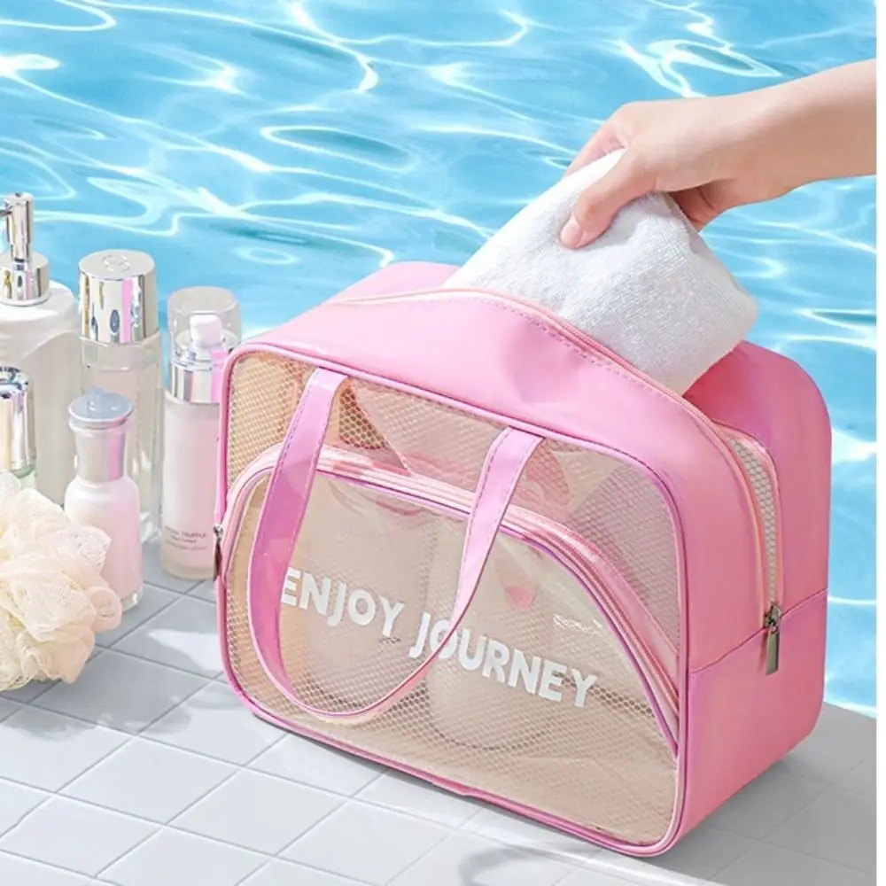 PVC Clear Cosmetic Handbags Mesh Waterproof Bathing Wash Bags Large Capacity Lightweight Toiletries Organizer for Travel