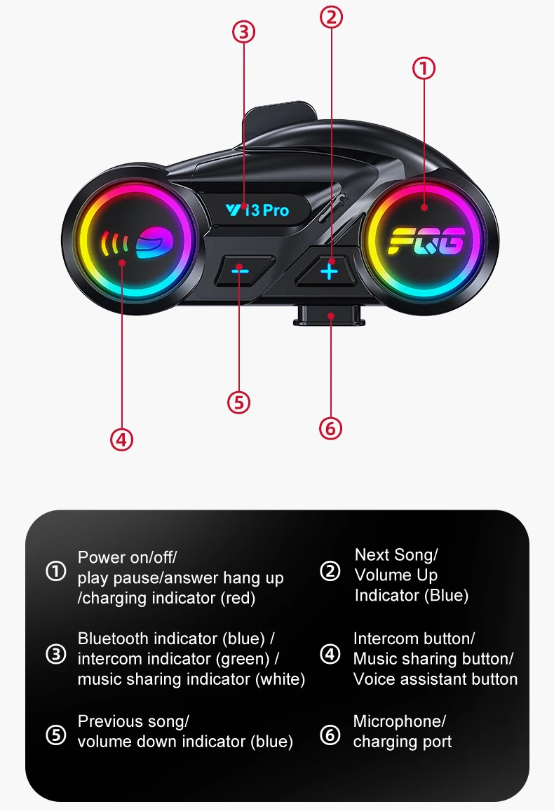 Y13 Pro Motorrad Helm Bluetooth Headset Intercom Entfernung 500M Chip V6.0 Stereo FM Radio Mischen Musik Teilen – Detail 15