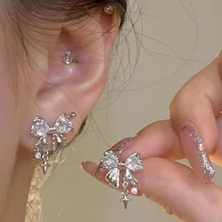 Korean Bows Earring with White Zircon Women's Fashion Cute Pink Crystal Stud Earrings Y2k Earring for Girls Party Jewelry Gifts