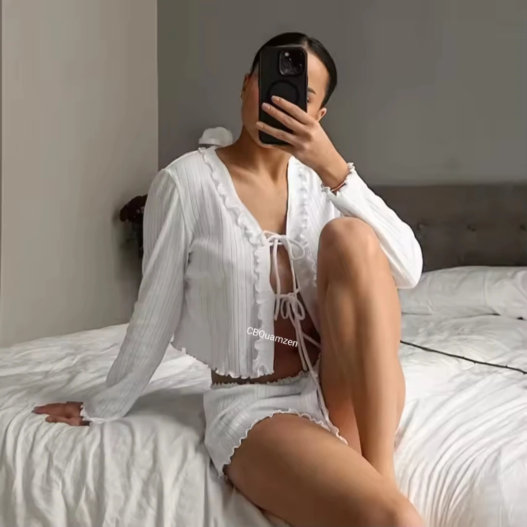 American-Style New Fashion Sexy Women's Set Spring and Summer Hollow Jacquard Pajamas Cardigan Long Sleeves and Shorts Loungewea