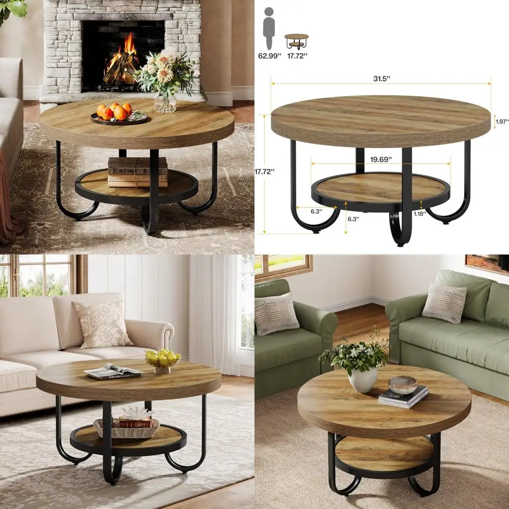 

Современный круглый журнальный столик диаметром 31,5 дюйма с деревянной столешницей, полкой для хранения и металлическим каркасом для гостиных в индустриальном стиле.