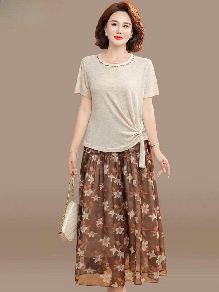 

Faionable Midlife Women's Summer Outfit ort Sve Skirt Set Young Elegance Polyester Blend Loose Fit round Ne Long Dr