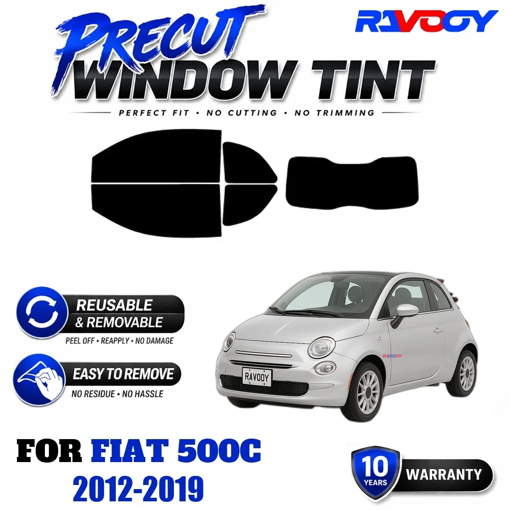 RAVOOY Precut Window Tint, Reusable Removable EPU Film, Custom Fit for Fiat 500C 2012-2019, UV Heat Protection