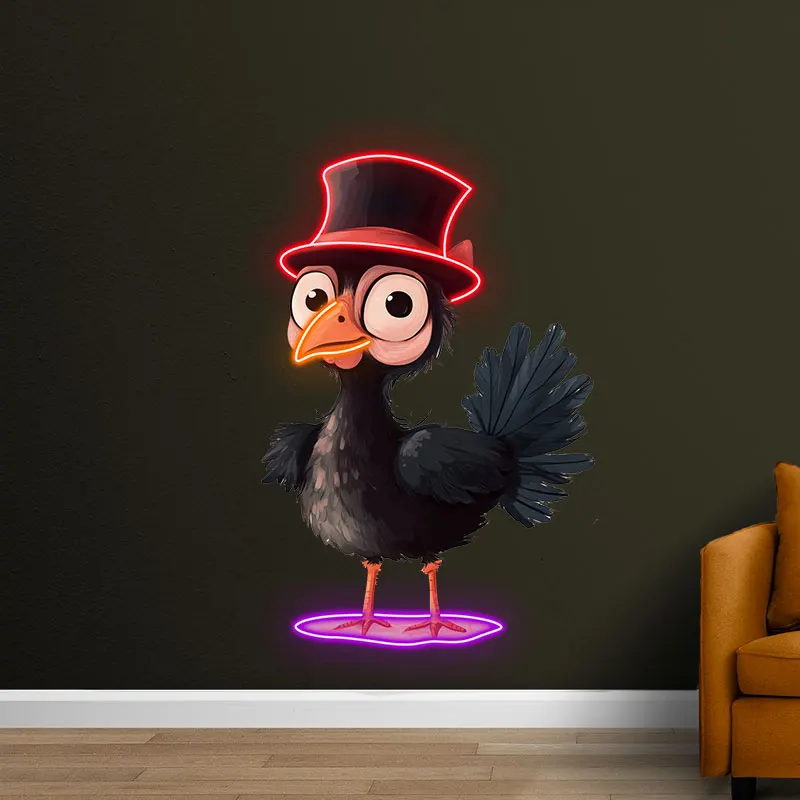 Funny Neon Black Bird Wall Art – Cute Bird with Top Hat Neon Design, Perfect for Thanksgiving or Quirky Seasonal Wall Decor