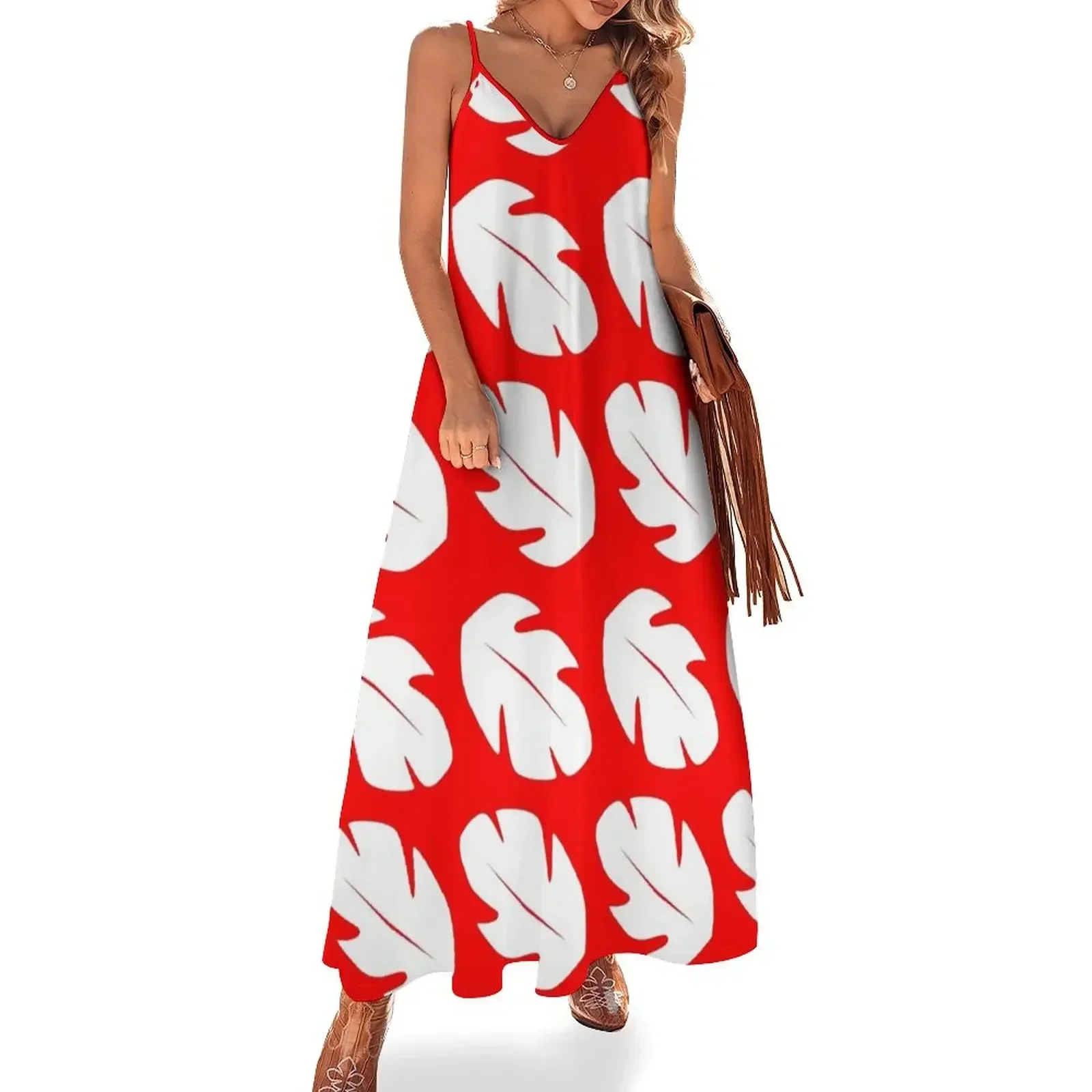 

Red & White Tropical Leaf Sleeveless Dress elegant dress women's summer dress 2025 Dance dresses Cocktail of dresses