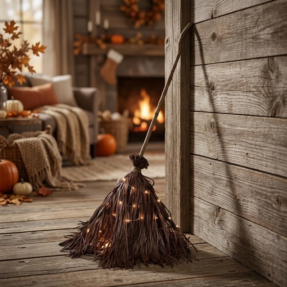 Illuminated Witch Broom Ornament 160cm Tall for Halloween Entryway Fireplace Porch Decor For battery Operated Rustic Design