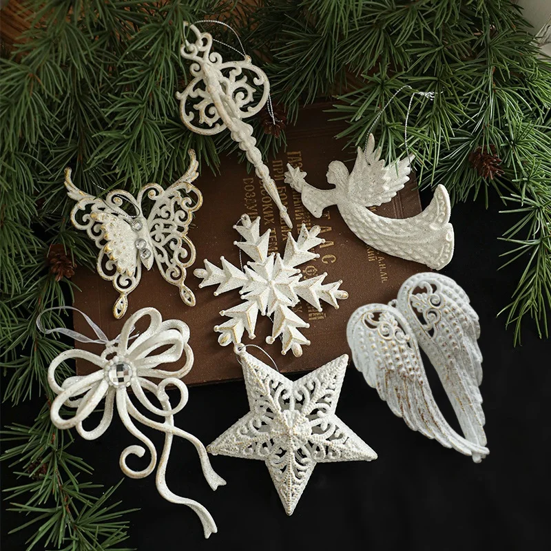 New Christmas Charm Glitter Star Snowflake Bow Angel Wing Hanging Ornament Christmas Tree Pendant for Christmas Home Party Decor