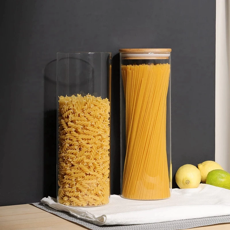 Glass Storage Containers Set Of 2 71Oz Tall Spaghetti Jars With Bamboo Lids - Kitchen Food Storage Canisters For Pasta