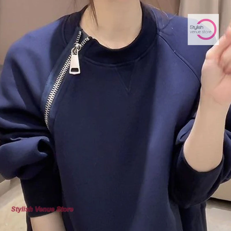 French fashion blue sweater women's autumn and winter new temperament design sense oblique zipper Joker pullover niche jacket