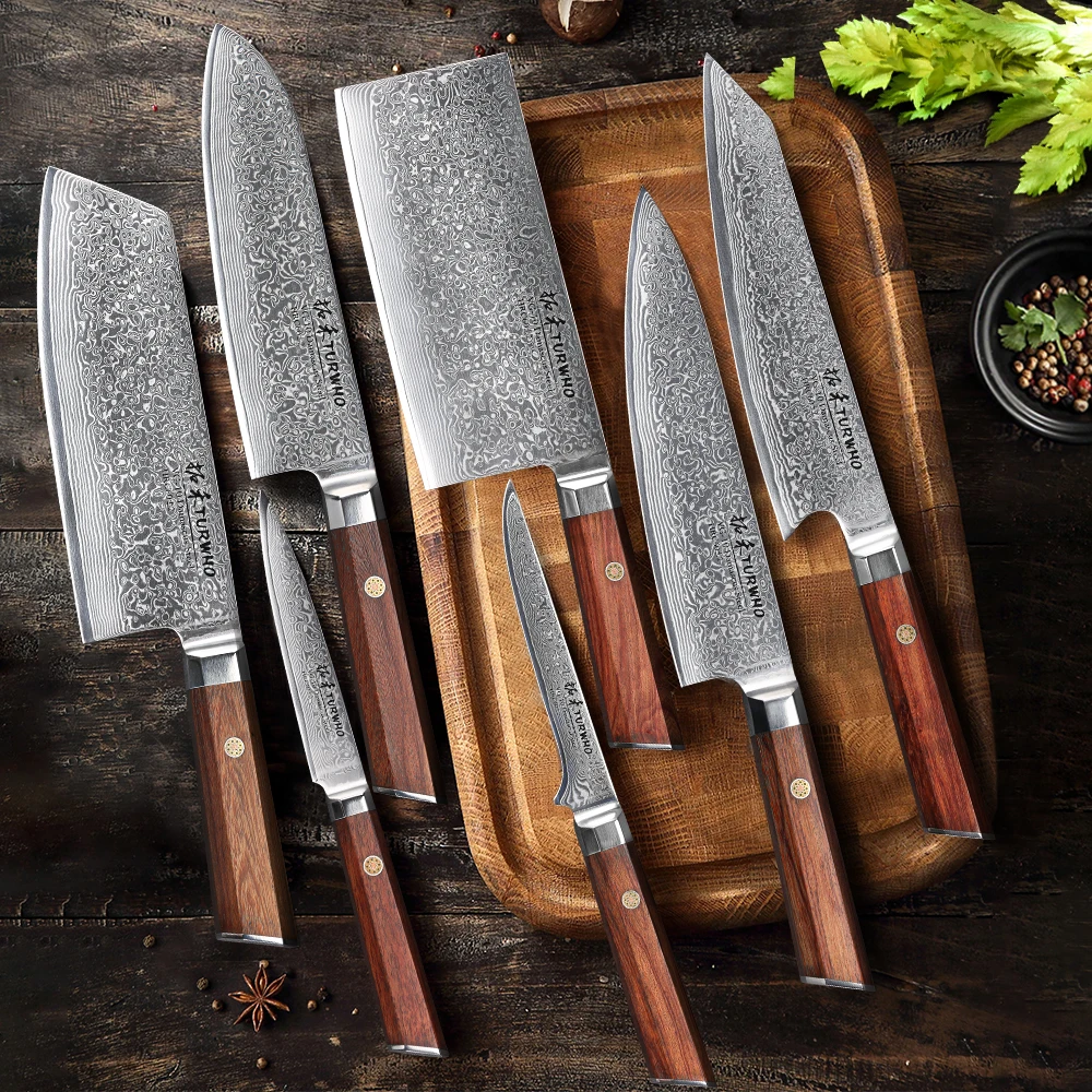 TURWHO 1-7PCS Kitchen Knife Set Japanese Forged Damascus Steel Santoku Knives Pro Stainless Steel Chef Knife Set Rosewood Handle