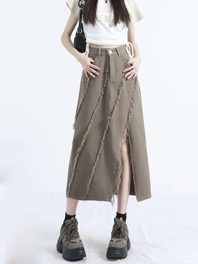 Ladies Irregular High Waist Chic Midi Skirt Casual Versatile Personality Split Fur Edge Tassel Denim A-Line Skirt