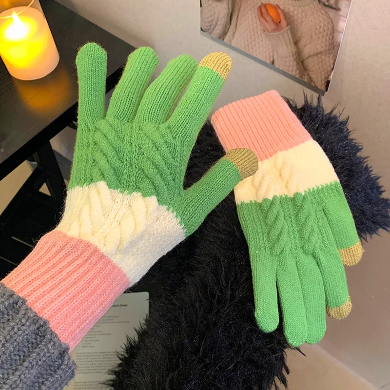 Winter Warmth, Thickened Touch Screen, And Cold Resistant Japanese Color Knitted Sweater Split Finger Cycling Gloves For Women