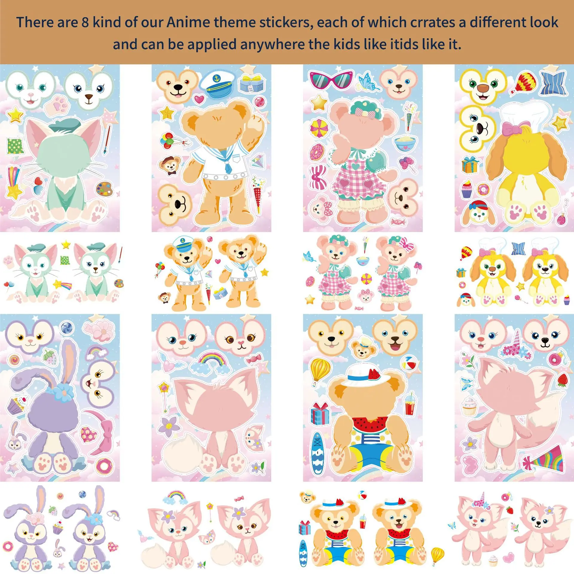 

8/16Sheets Disney Plush Cartoon Duffy Bear Puzzle Sticker DIY Phone Laptop Luggage Skateboard Graffiti Decals Fun for Gift