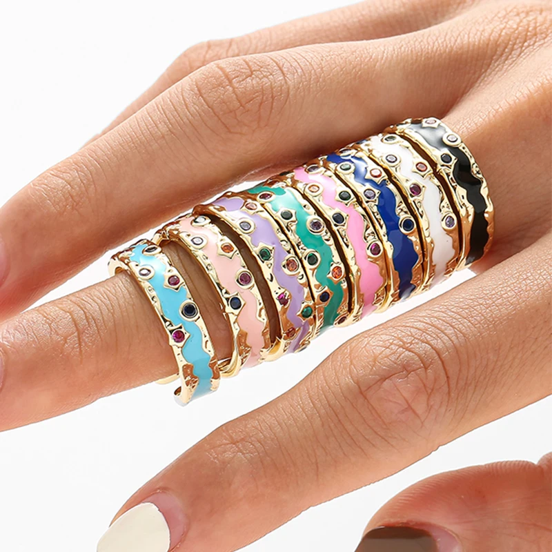 

Vintage Colorful Enamel Ring Bohemia Shiny Cubic Zircon Stone Fashion Rings for Women Gold Plated Dripping Oil Open Ring Jewelry