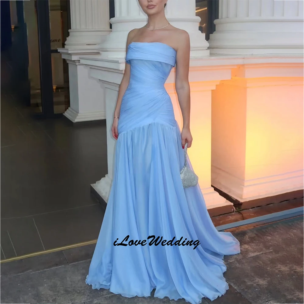 

A-Line Blue Customize Strapless Elegant Floor-Length Dubai Evening Dress Sleeveless Zipper Up فستان حفلات الزفاف
