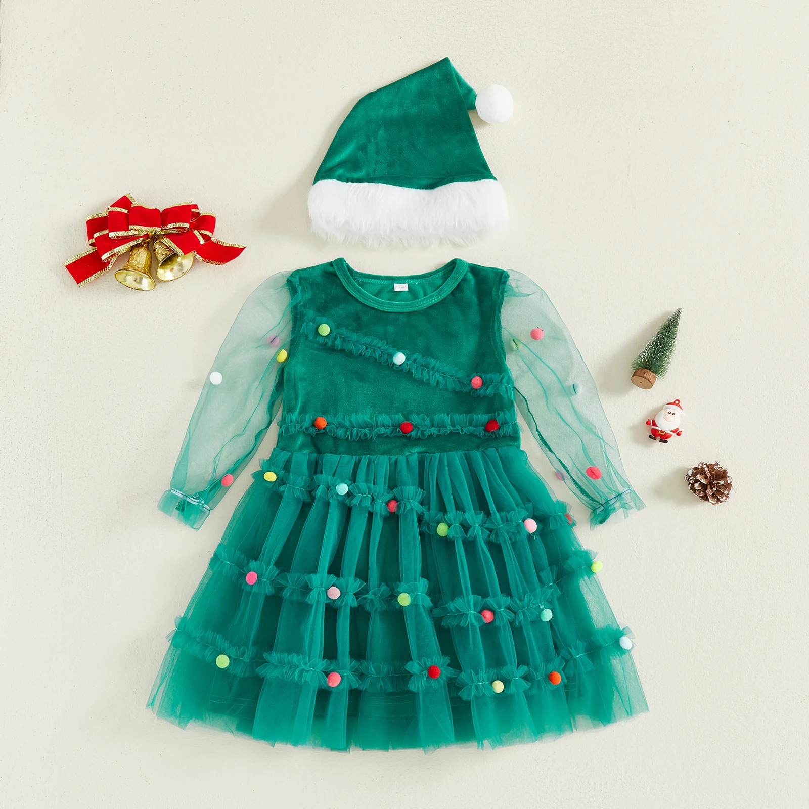 فستان Tregren للأطفال الصغار في عيد الميلاد للفتيات الصغيرات، فستان من التول بأكمام طويلة وقبعة سانتا الخضراء مكون من قطعتين