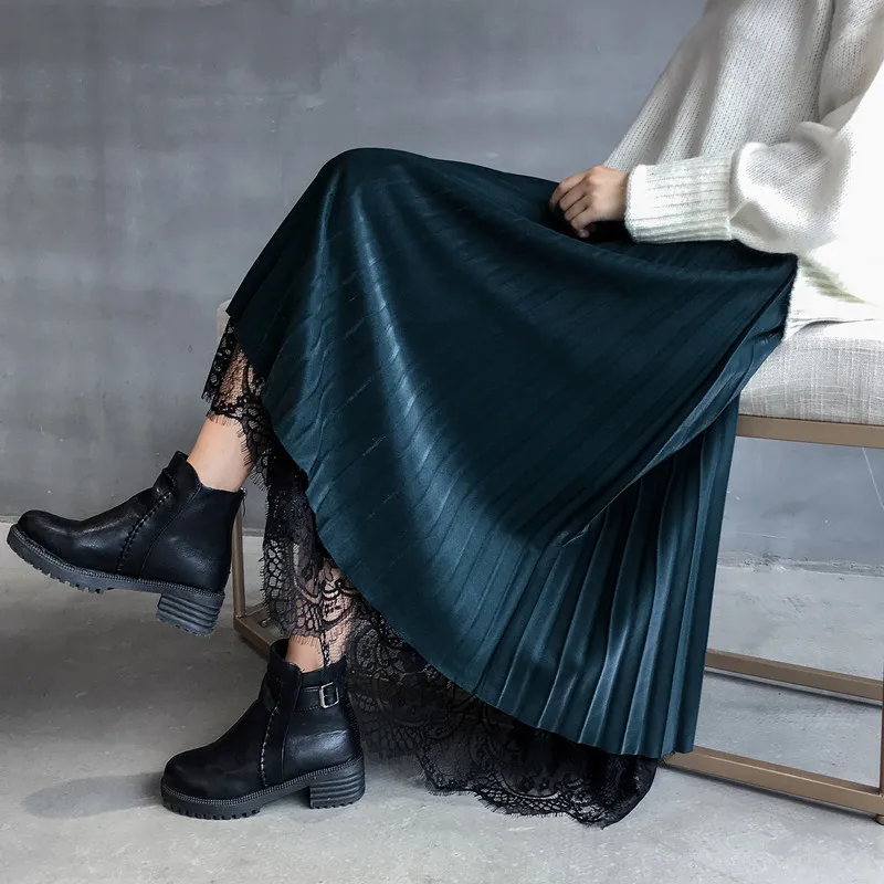 กระโปรงผ้าทูลล์ลูกไม้สองด้านทรงเอ ความยาวปานกลางสำหรับผู้หญิง กระโปรงยาวกรุยกรายผ้ากำมะหยี่ จีบระบายยาวกรุยกราย สำหรับฤดูใบไม้ผลิ