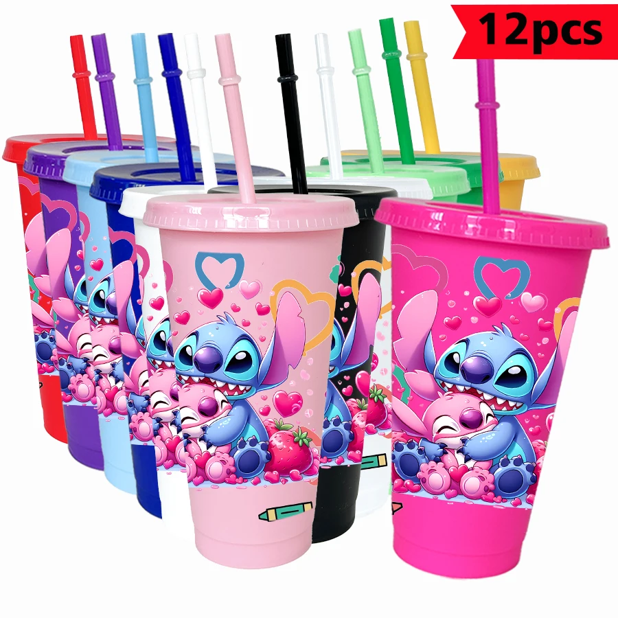 

12 Pcs/pack Disney Stitch Love Print 26oz Colorful Plastic Tumbler Birthday Party Drinkware Juice Coffee Cup