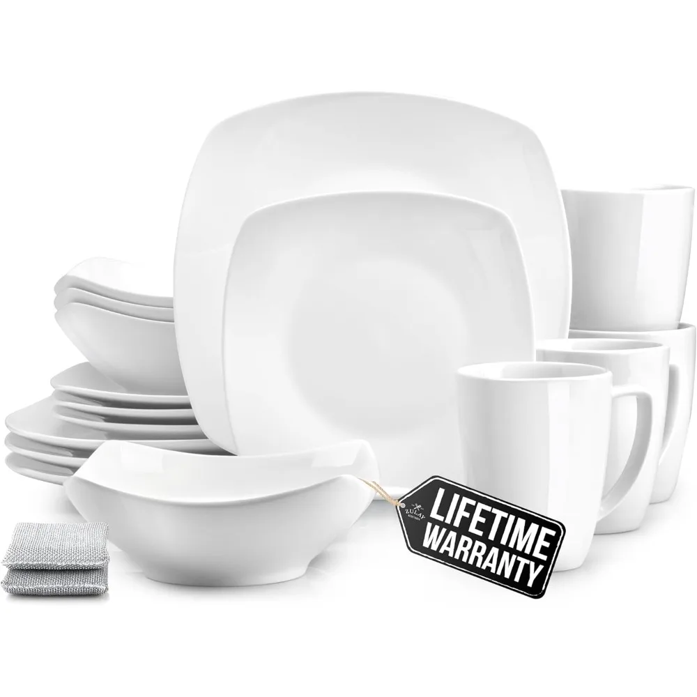 

Наборы тарелок и мисок Zulay Kitchen Luna, современный фарфоровый набор посуды из 16 предметов, устойчивая к сколам и царапинам квадратная посуда