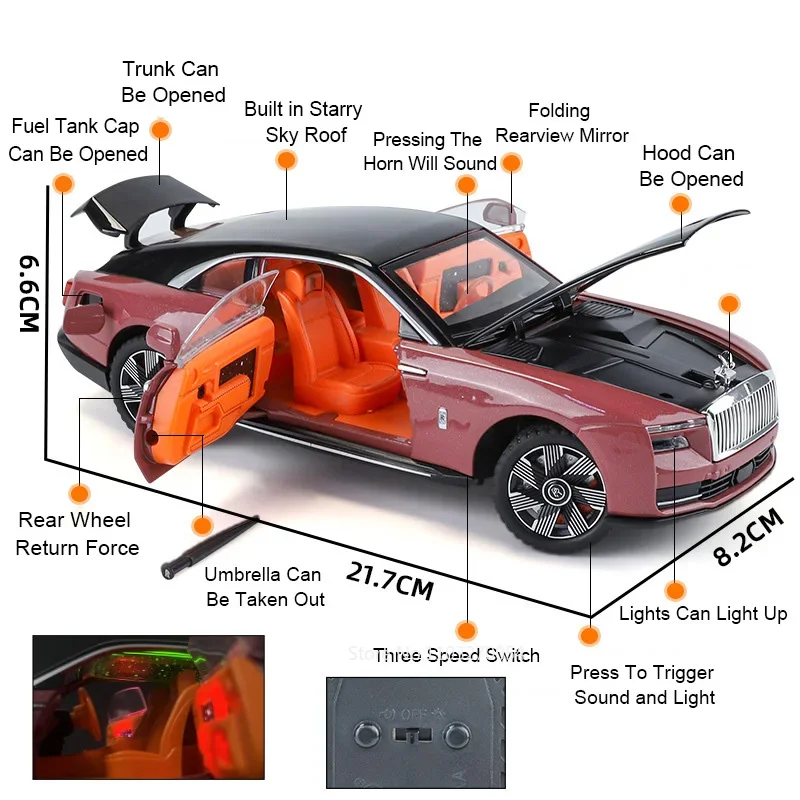 1:24 Rolls-Royce Cullinan Spectre Miniaturmodell Spielzeug Druckguss-Legierung Autotüren geöffnet Sound Licht zurückziehfahrzeug für Kinder Geschenk