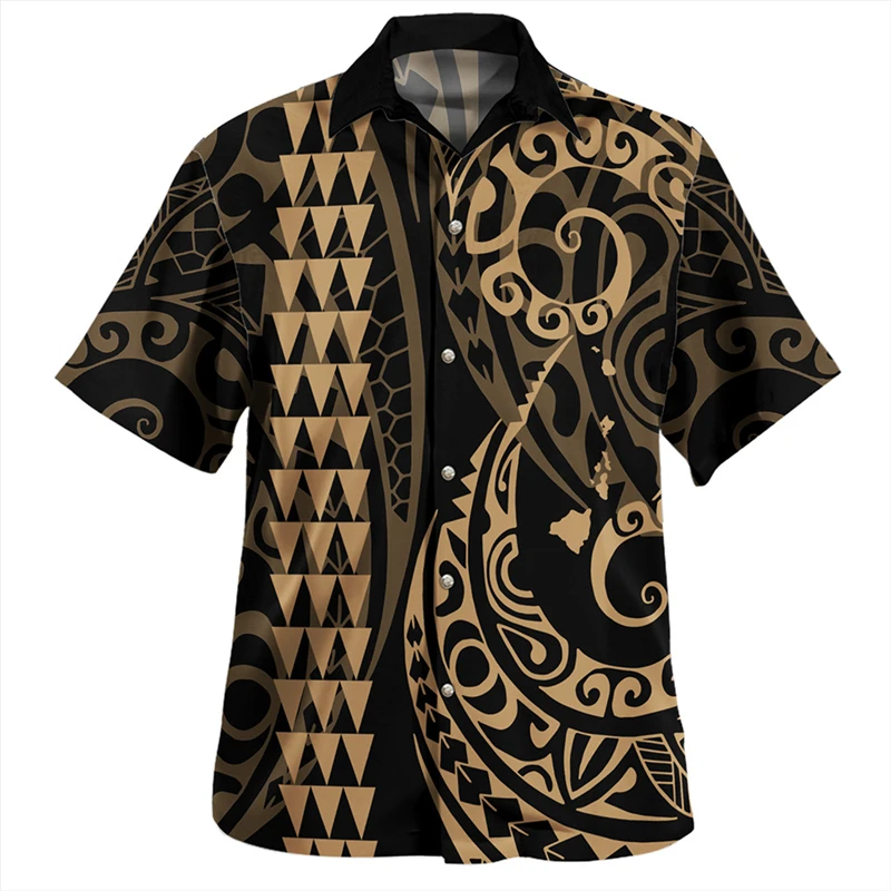 Polynesian Fashion Trend Tribal Culture 3D Printed Shirts Streetwear Short Sleeve Casual Lapel Button Tees Vintage Mens Shirts