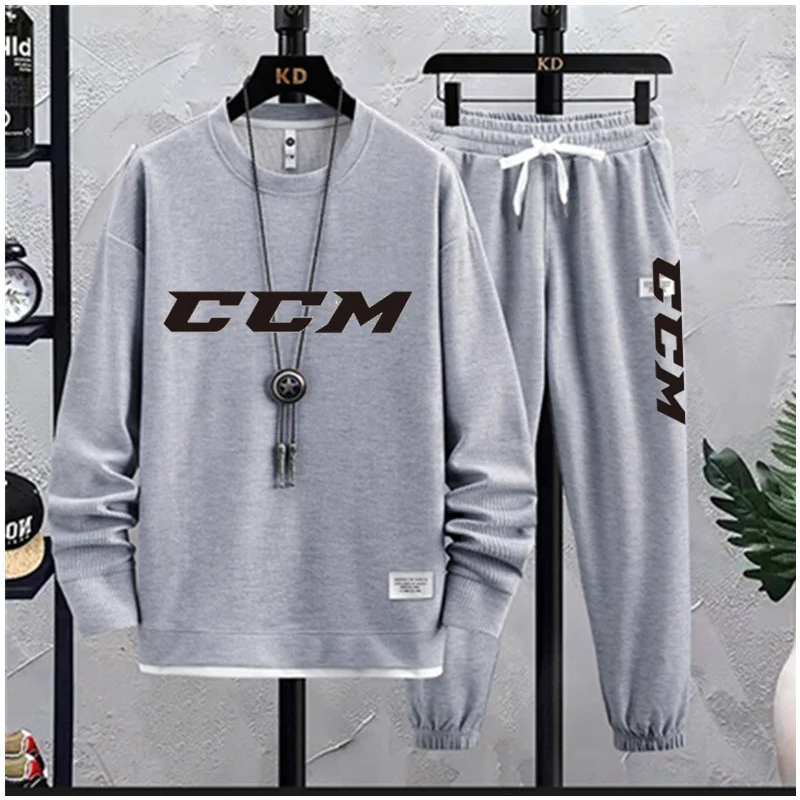 2023 Spring and autumn CCM Men\'s Two Piece Set Linen Fabric Casual T-Shirt and Mens Sports Suit Fashion Long sleeve Tracksuit