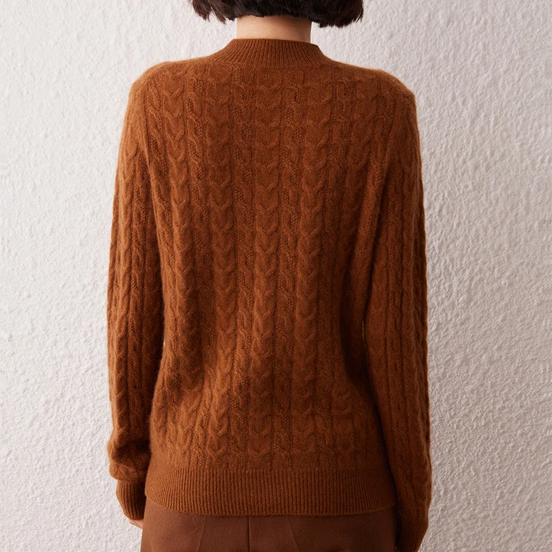 100% سترة الكشمير المعنقة نصف الياقة المدورة المرأة البلوز سترة الخريف الشتاء جديد الثقيلة الحرفية كابل متماسكة سترة طويلة الأكمام #2