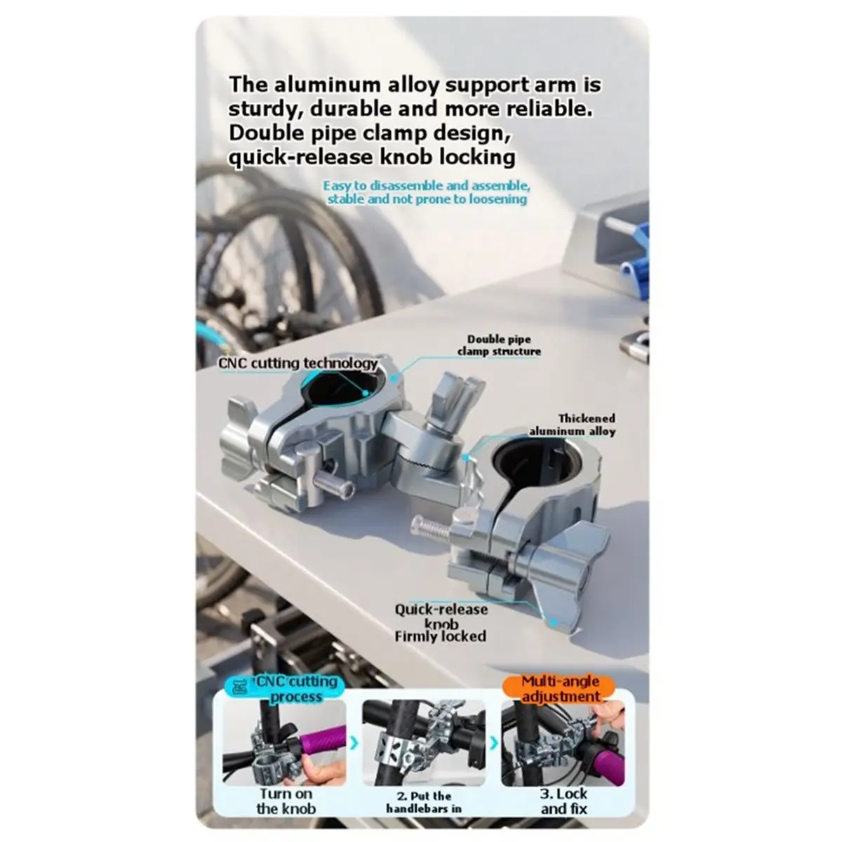 Aluminum Alloy Dual-Clamp Selfie Stick Ride Mount Holder Motorcycle Bike Handlebar Extension Bracket Camera Accessory