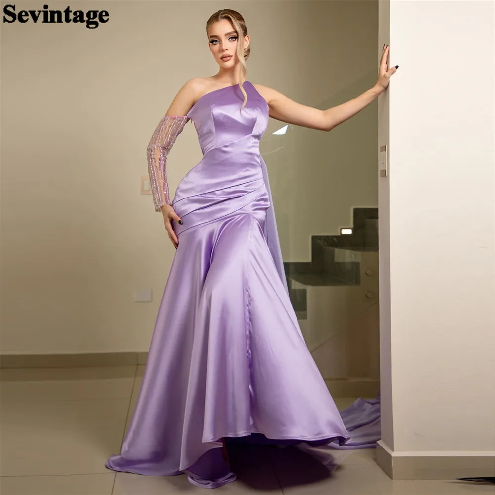 Sevintage moderne Lavendel Satin Ballkleider Meerjungfrau eine Schulter mit Cape Plissee rücken freie Party kleider Abendkleider Outfits