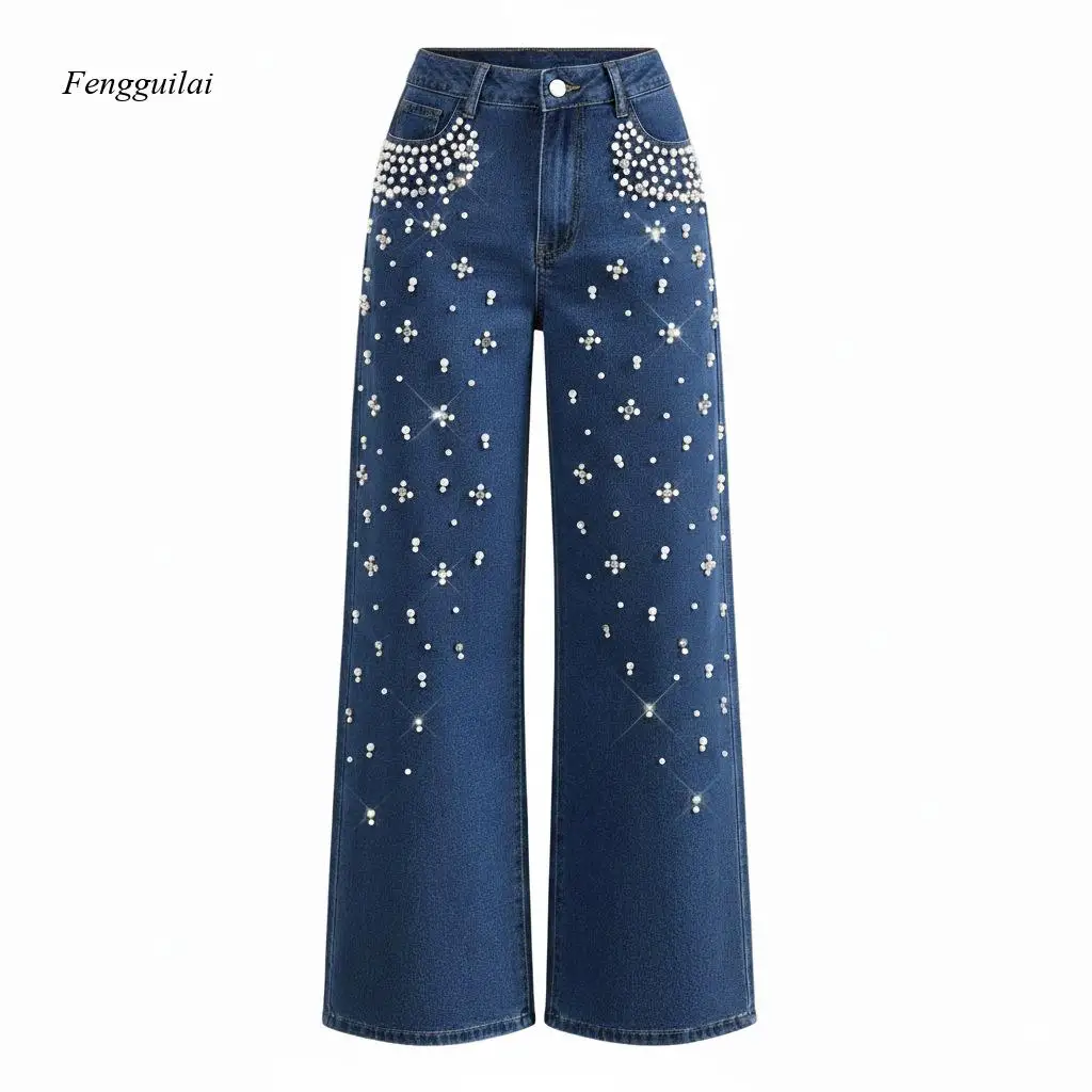 European and American Casual Loose-Fitting Slimming Denim Women's Bead-Studded Straight-Leg Pants